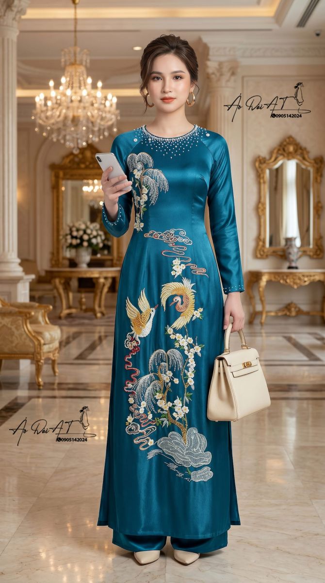 áo dài trung niên xanhPeacock-ADTN-008-1